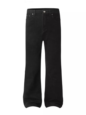 Black high-waisted flare leg trousers with a classic five-pocket design.