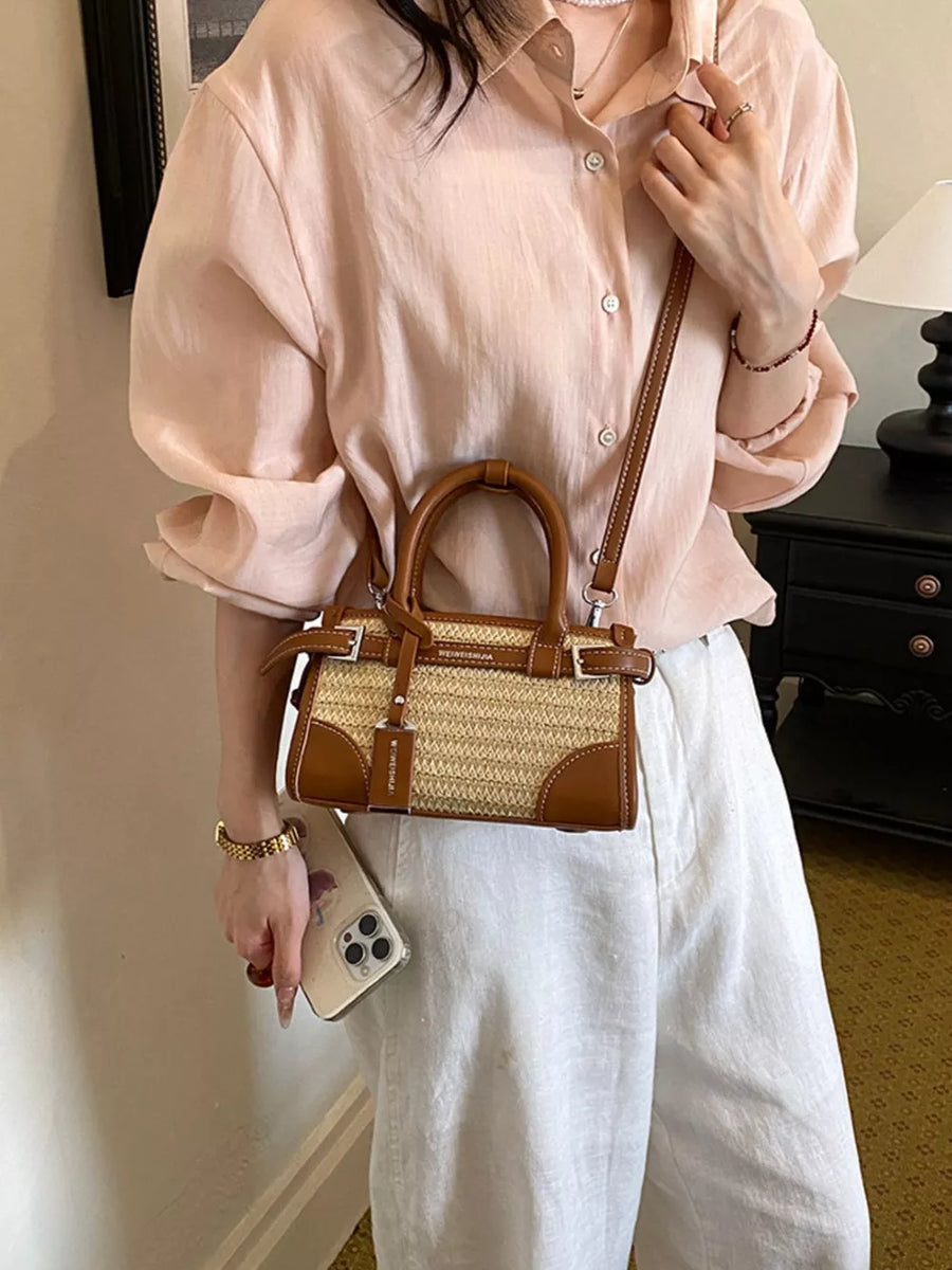 Leather Trim Woven Crossbody Bag in brown with adjustable strap