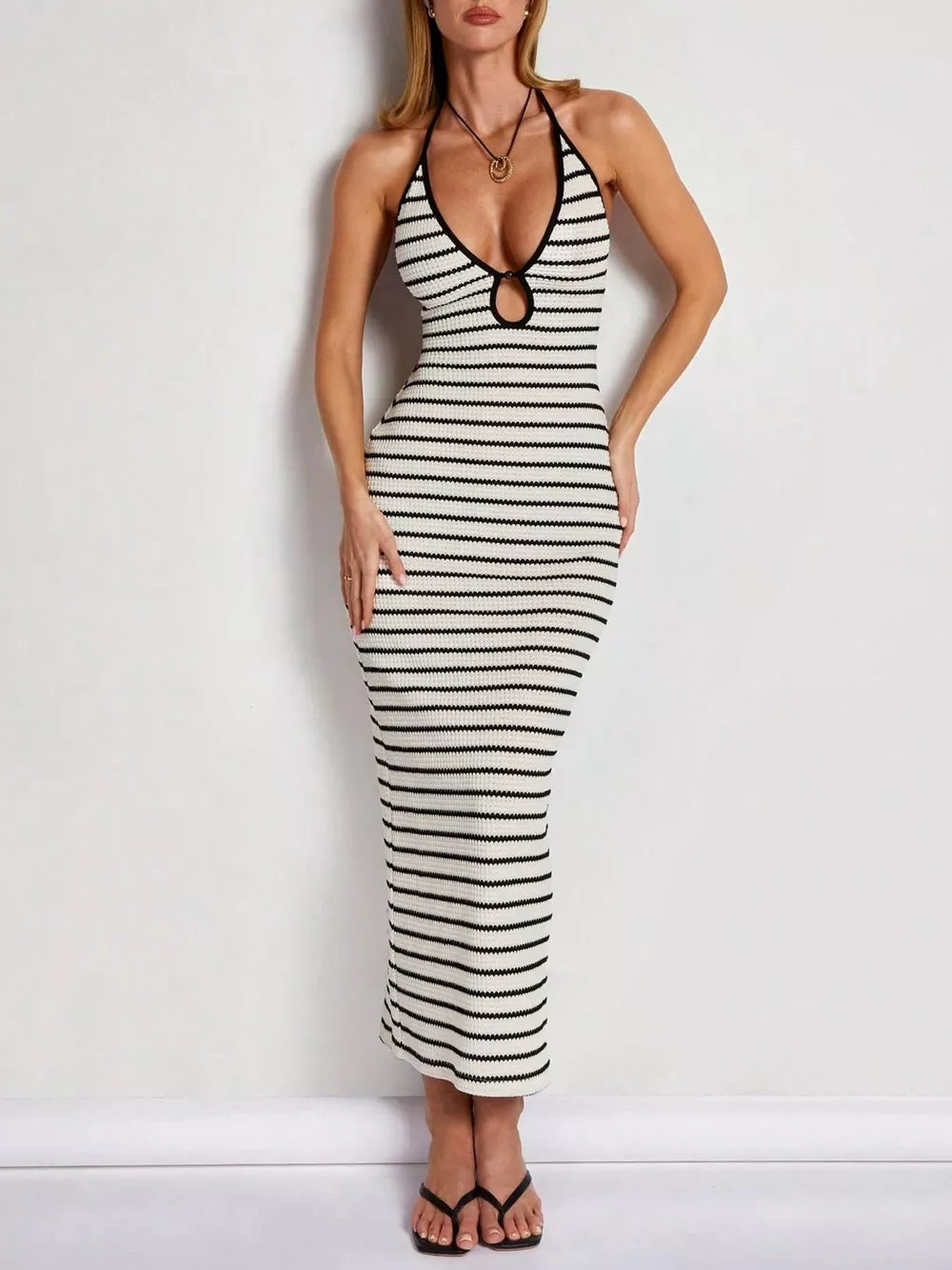 White Striped Halter Neck Maxi Dress