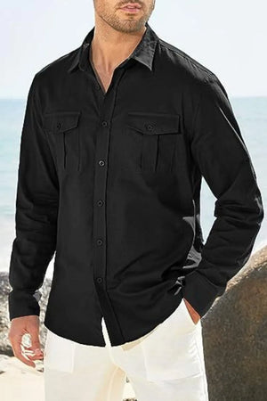 Black linen utility shirt with two chest pockets, long sleeves, and button-up front.