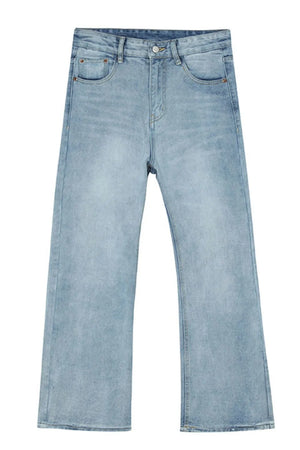 Light blue denim relaxed flare trousers with a casual, breathable fit.