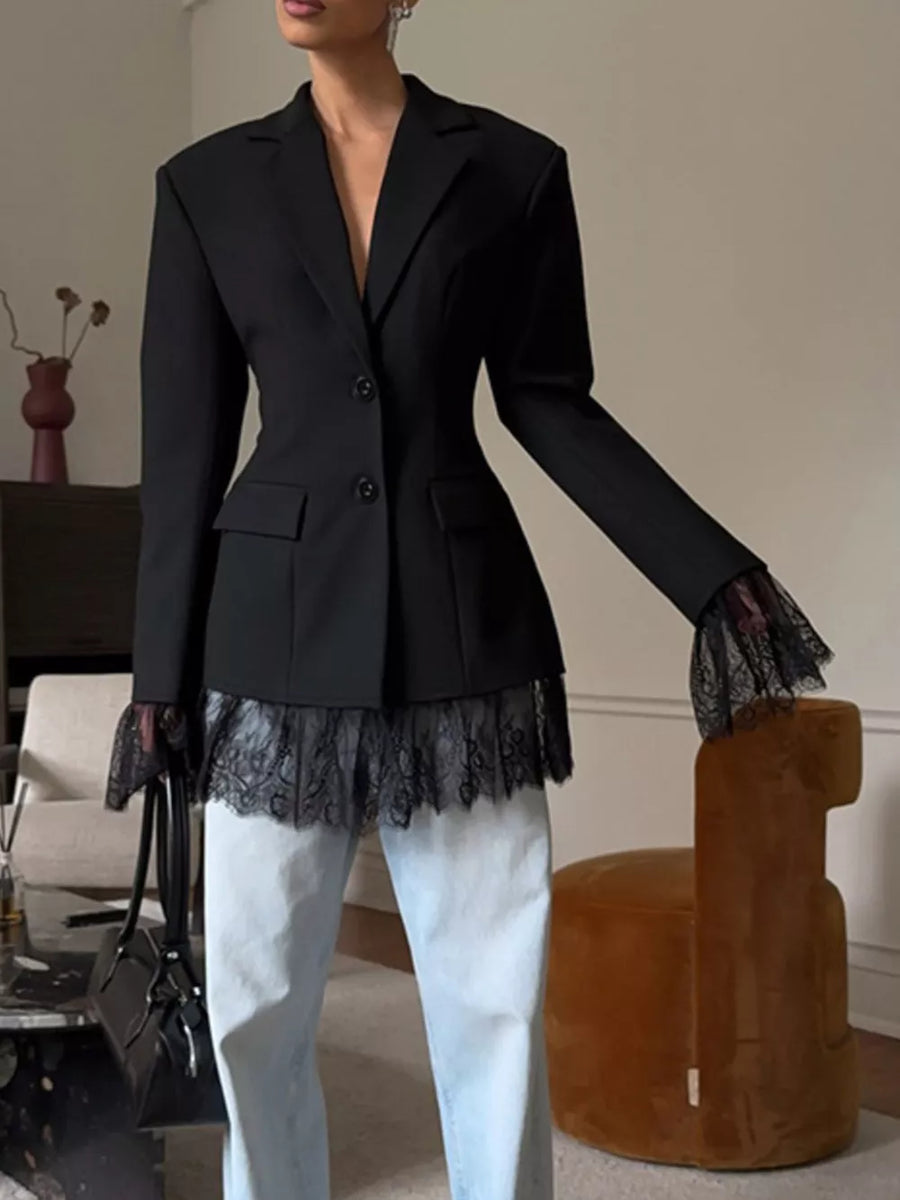 White blazer with ruffled hem and long sleeve