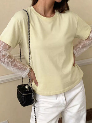 Yellow Lace Sleeve Round Neck T-shirt