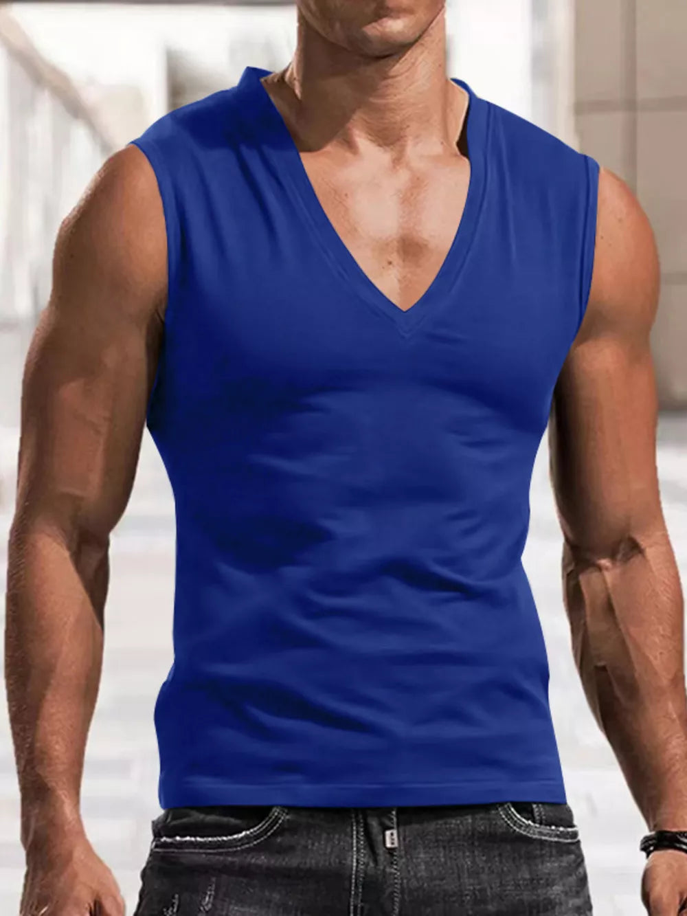 Light Gray Men's Full Size V-neck Tank Top Plus Size