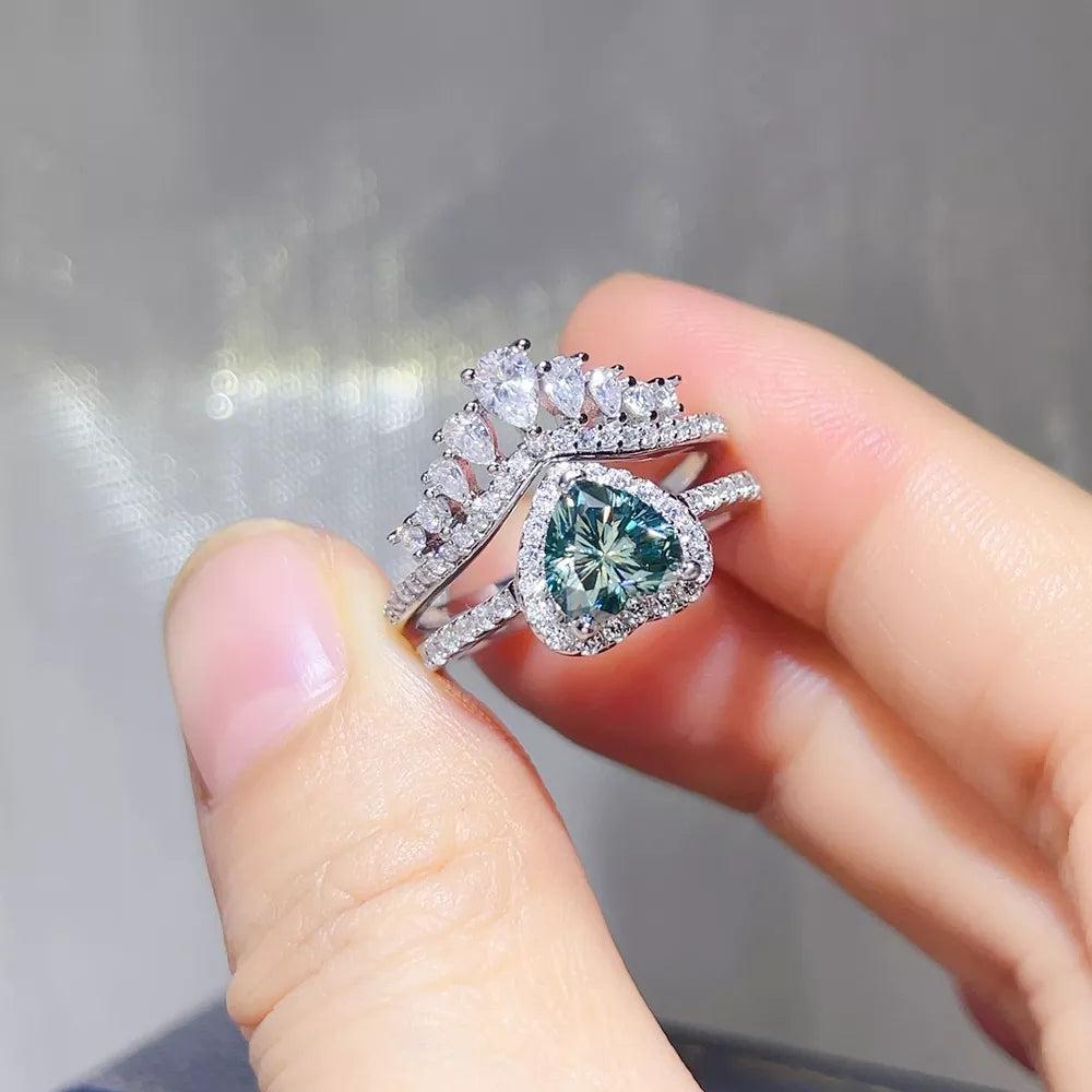 2 Carat Heart-shaped Crown 925 Sterling Moissanite Ring Set in Turquoise