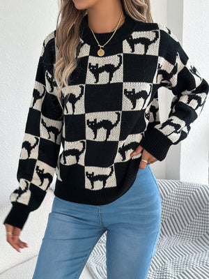 pullover sweater in Beige with checkerboard and stretch