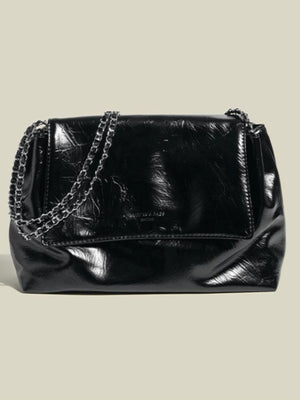 Black crinkled pu leather shoulder bag with chain strap