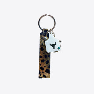 Cheetah print leather keychain with bull tag charm and turquoise accent