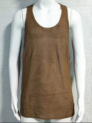 Open-knit scoop neck tank top in taupe acrylic with a textured weave.