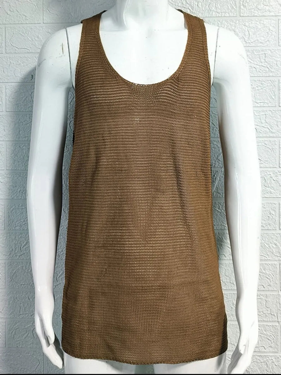 Open-knit scoop neck tank top in taupe acrylic with a textured weave.