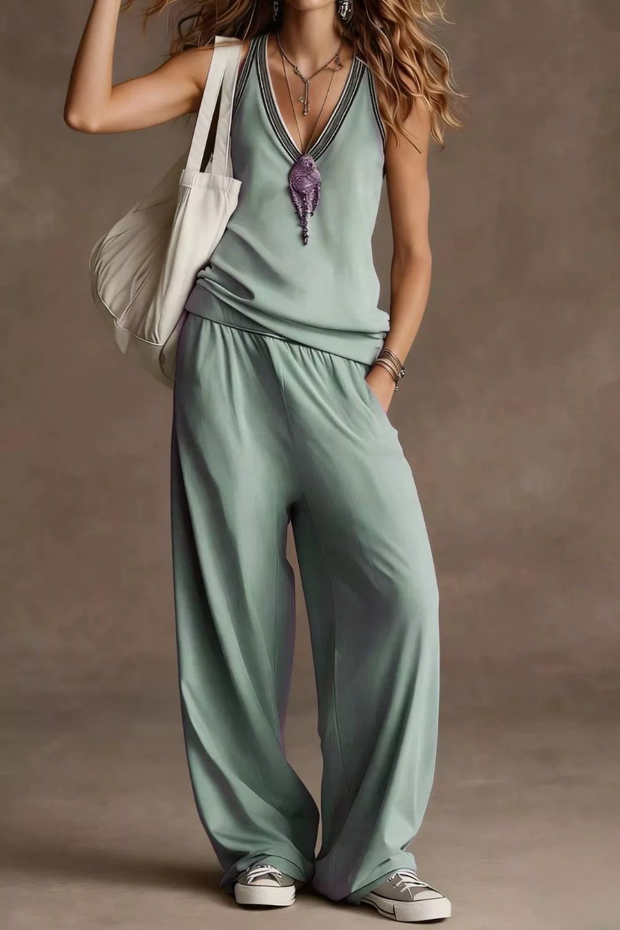 Air Force Blue V-neck tank and wide-leg pants set with elastic waist.