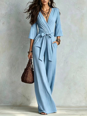 Light Brown jumpsuit with tied and 3/4 sleeve