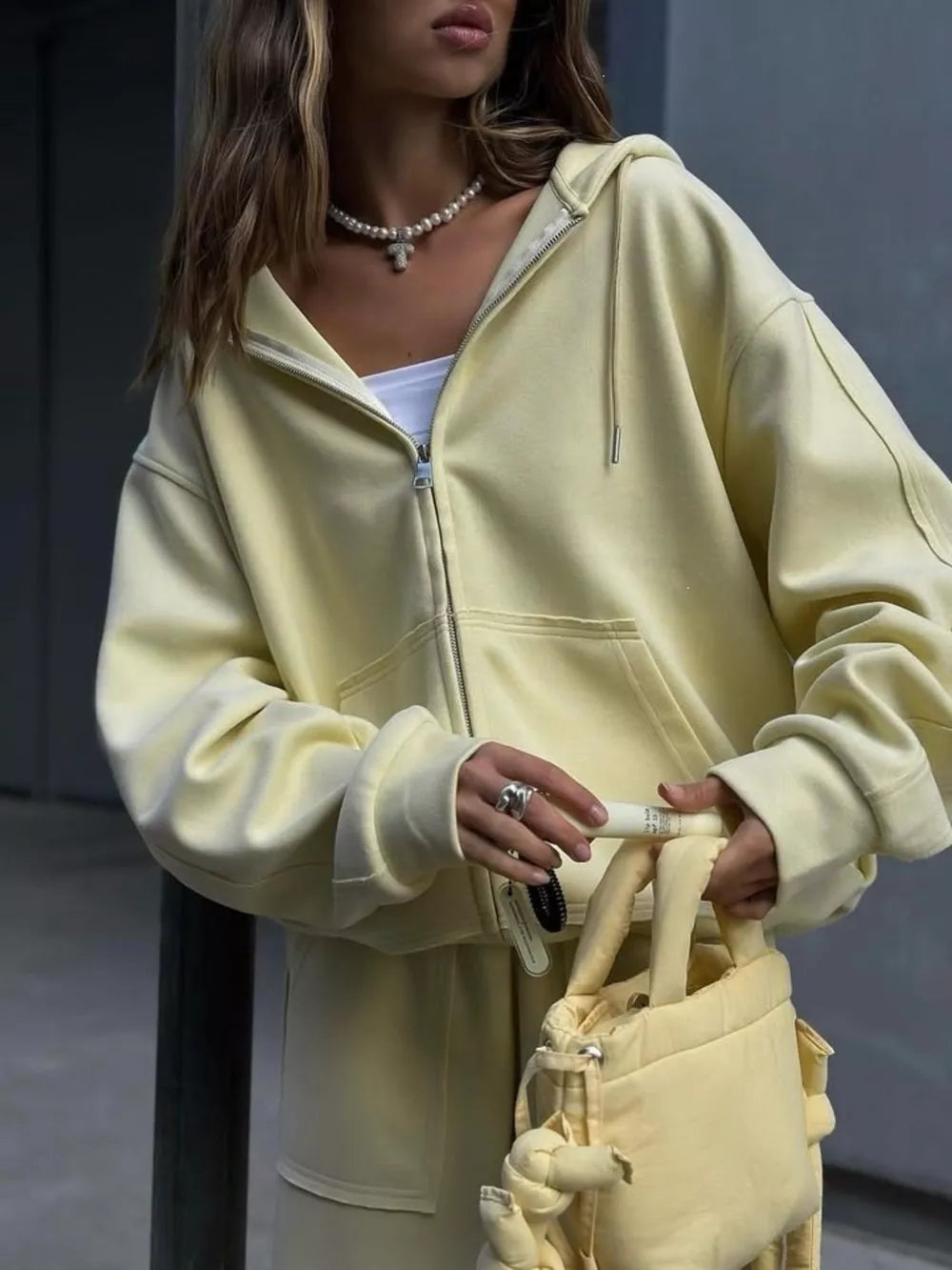 Brown with Oversized Zip-up Hoodie And Wide-leg Pants Set in Brown