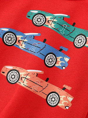 Kids' red cotton crew neck sweatshirt with a multi-car print featuring racing cars in blue, tangerine, and green.