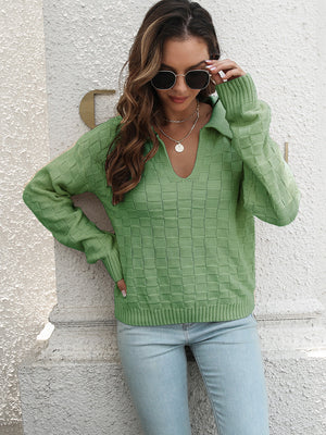 Textured polo neck sweater in matcha green acrylic with a v-neck and long sleeves.