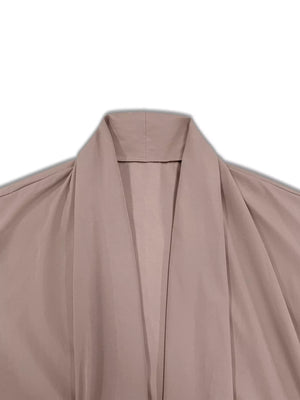 Lightweight open front cardigan in dusty pink with a draped shawl collar.