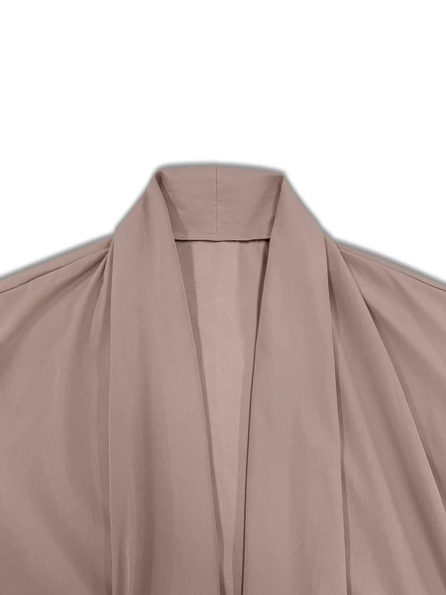Lightweight open front cardigan in dusty pink with a draped shawl collar.