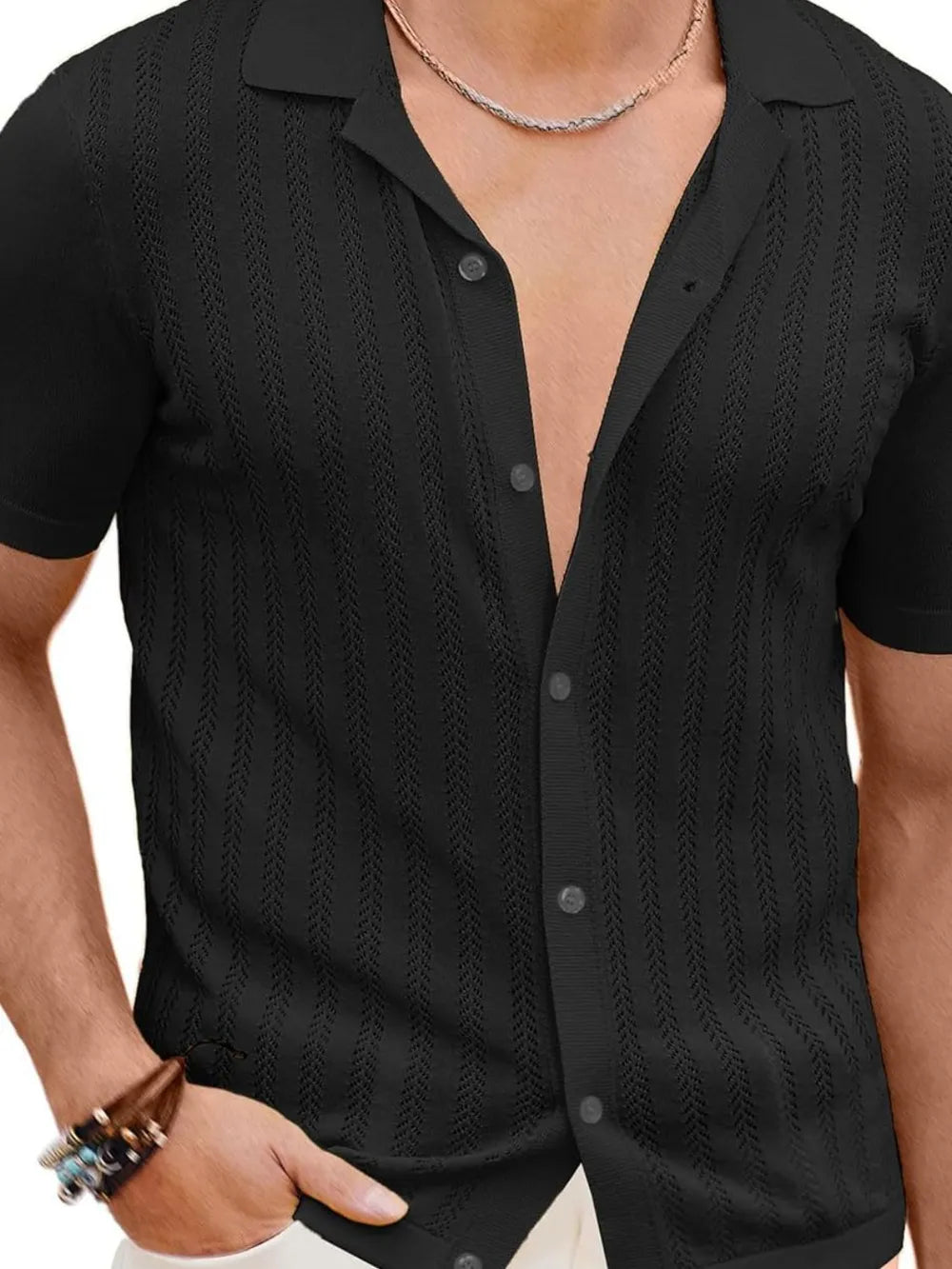 Black mesh button-up shirt with vertical texture and short sleeves.