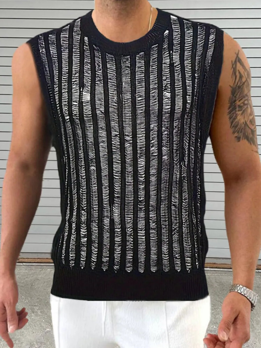 Black textured stripe knit tank top with distressed details and crew neck.