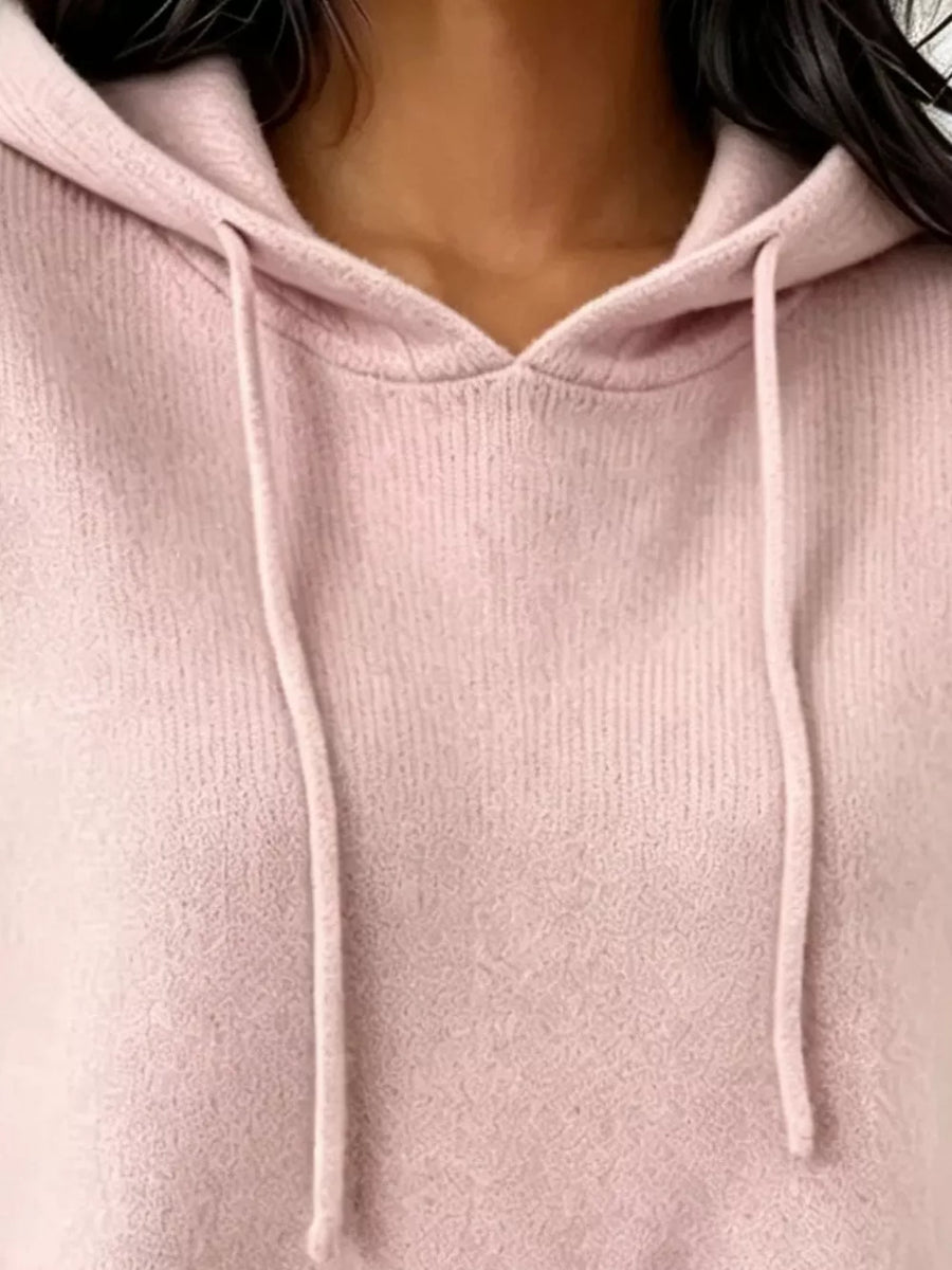 Cozy Ribbed Long-sleeve Hooded Sweater in Burgundy