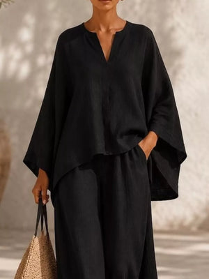 Notched Long Sleeve Top And Wide-leg Pants Set in White, view 14