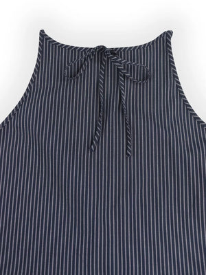 Blue striped sleeveless top with tie neck detail