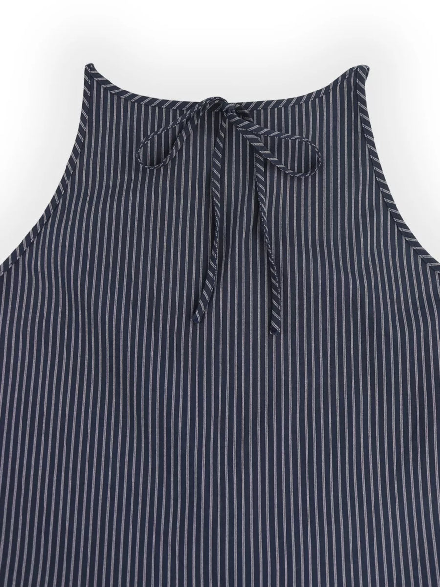 Blue striped sleeveless top with tie neck detail
