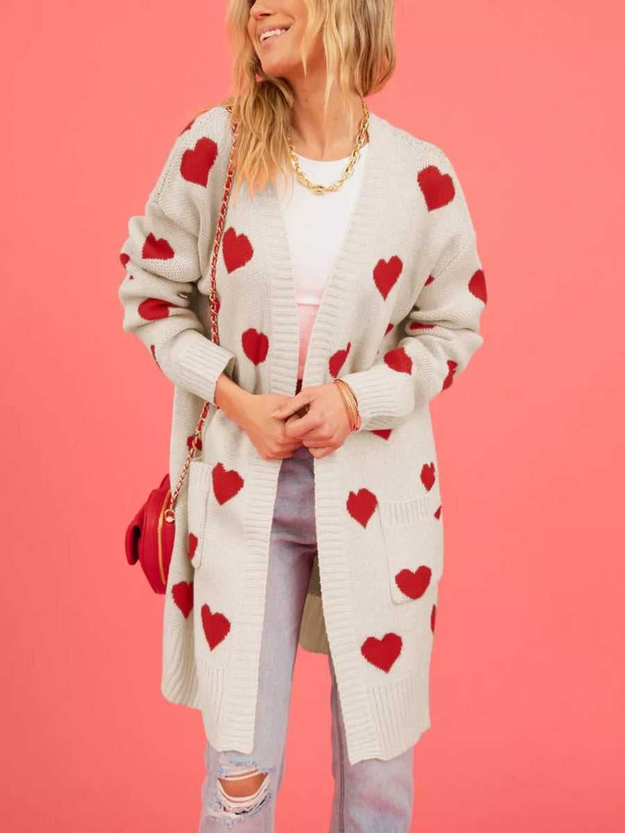 cardigan in Pink with heart-print and ribbed