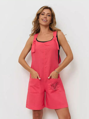 Cotton tie-strap romper in red with embroidered fox detail and cuffed hem.