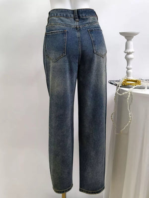 Dark straight jeans with full-length and button-front