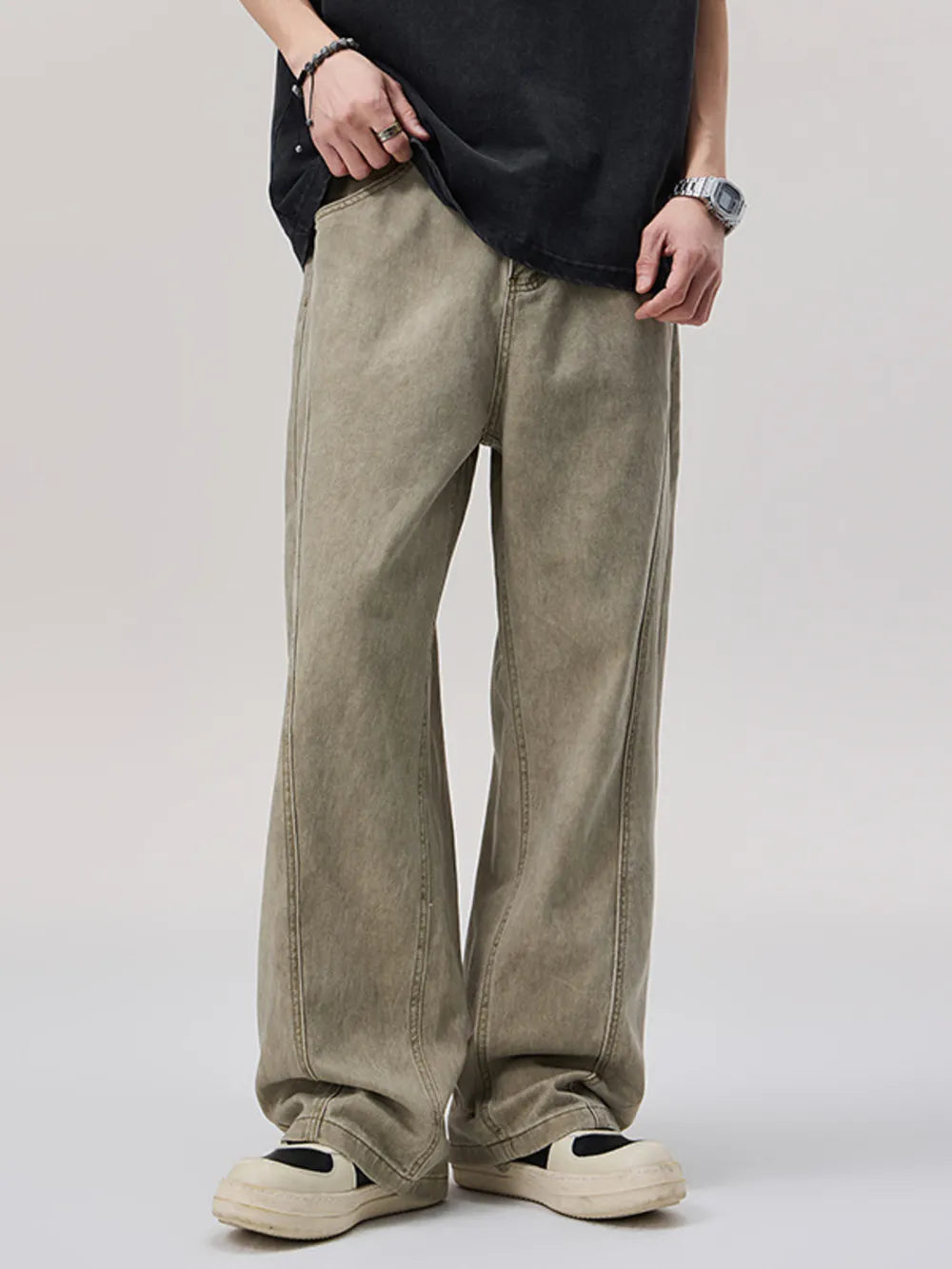 Khaki Men's Vintage Wash Wide Leg Pants