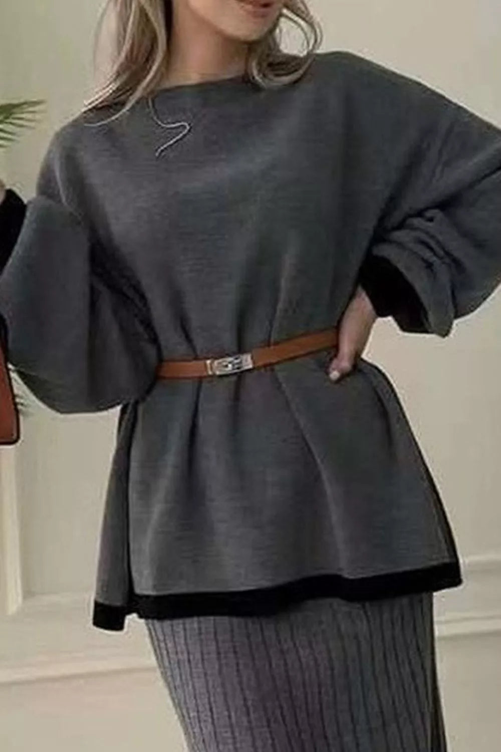 100% polyester Care instructions: Machine wash cold Sweater and Skirt Set in Dark Gray with relaxed silhouette