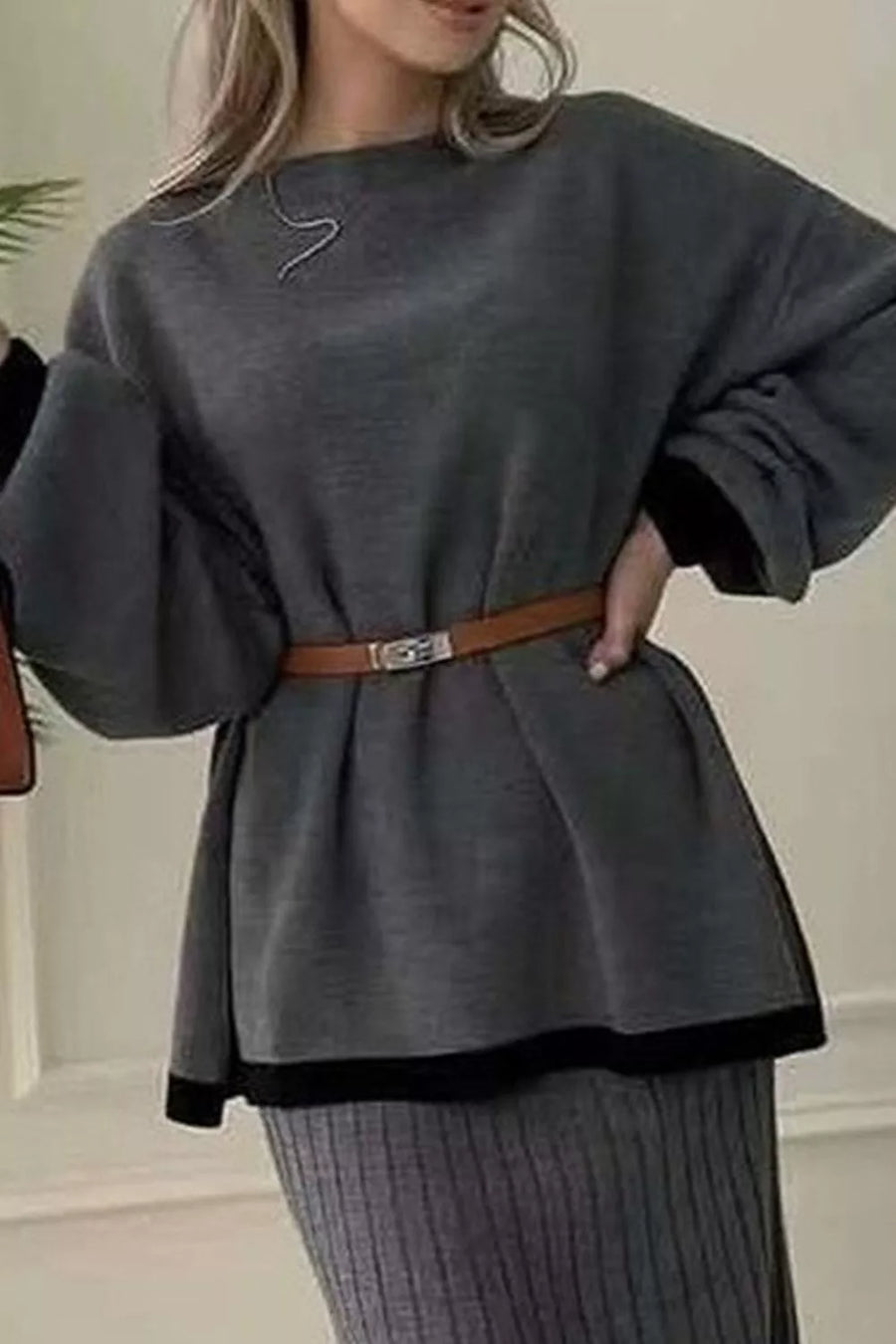 100% polyester Care instructions: Machine wash cold Sweater and Skirt Set in Dark Gray with relaxed silhouette