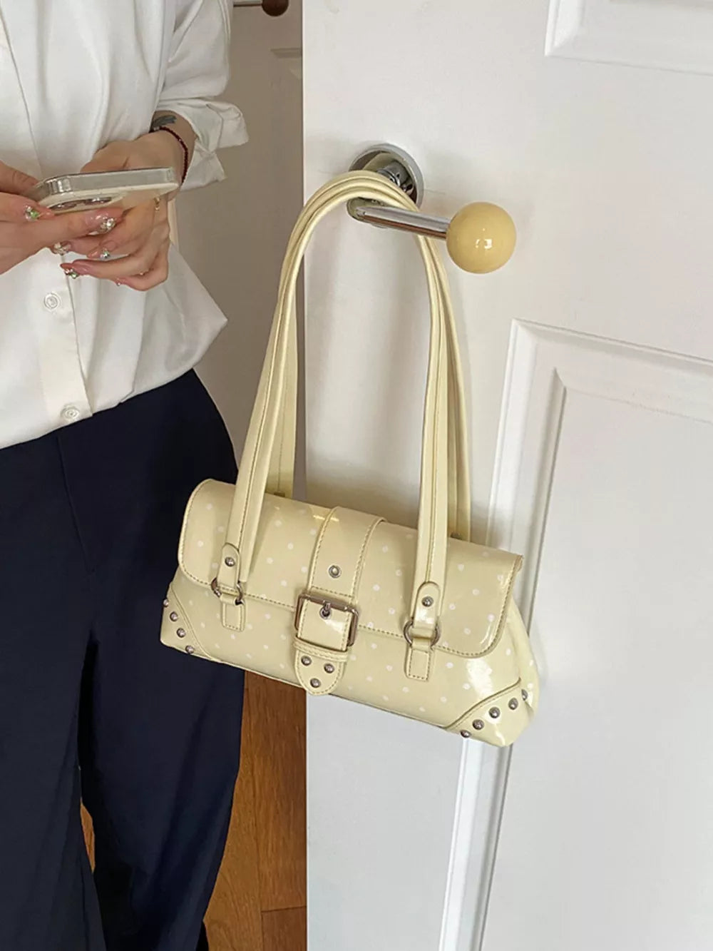 Light Yellow handbag with buckle and polka-dot