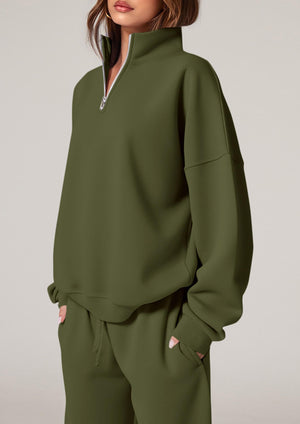 Army Green sweat set with zipper and long sleeve