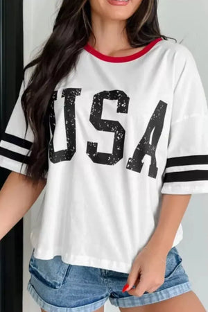 White cotton crew neck t-shirt with distressed USA graphic and varsity stripes on sleeves.
