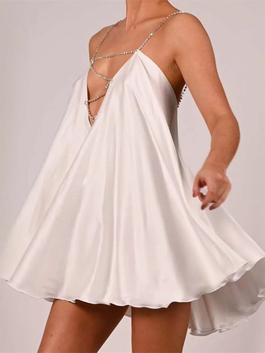 Rhinestone Embellished Plunge Mini Dress in baby blue
