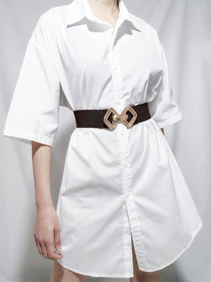 Brown elasticated waist belt with geometric gold buckle detail