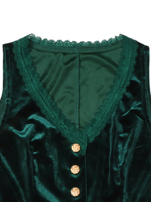 Green velvet button-down vest with lace trim and gold buttons