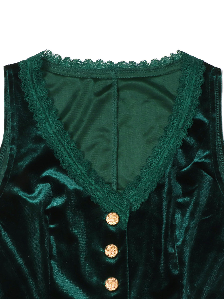 Green velvet button-down vest with lace trim and gold buttons