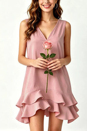 Dusty pink cotton v-neck mini dress with tiered ruffle hem and sleeveless design.