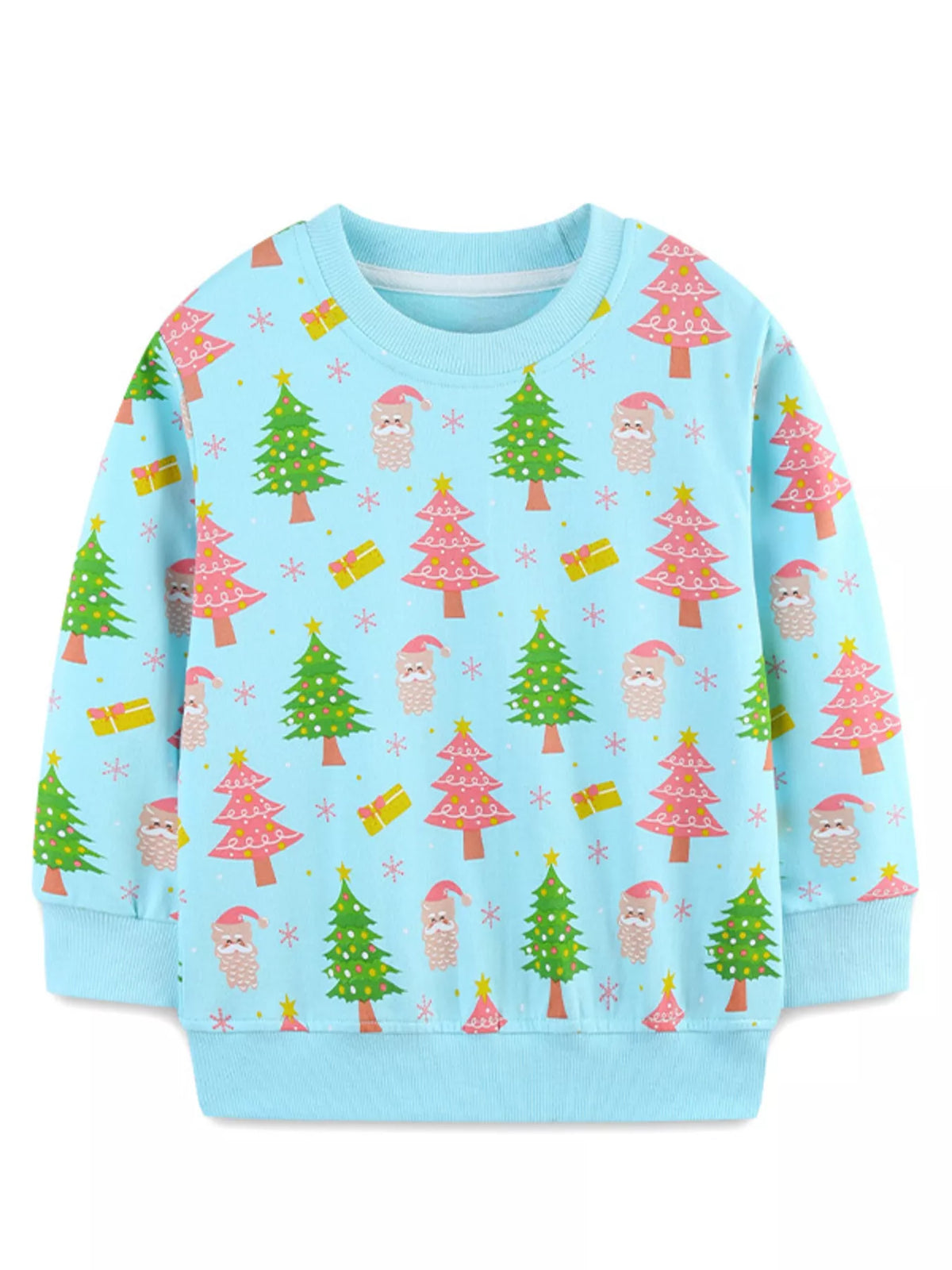 Children's aqua crew neck sweatshirt with Santa and Christmas tree print