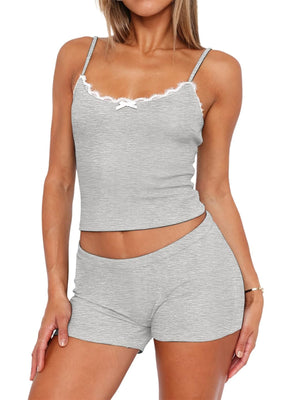 Light gray cami and shorts set with white lace trim and bow detail