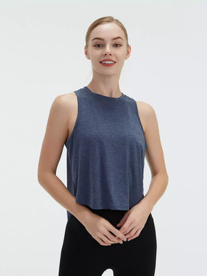 Blue heathered knit tank top with a crew neck and sleeveless design.