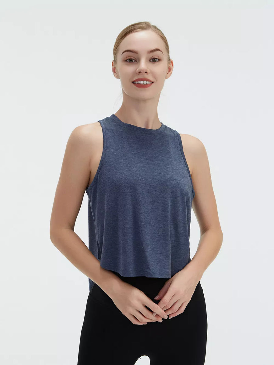 Blue heathered knit tank top with a crew neck and sleeveless design.