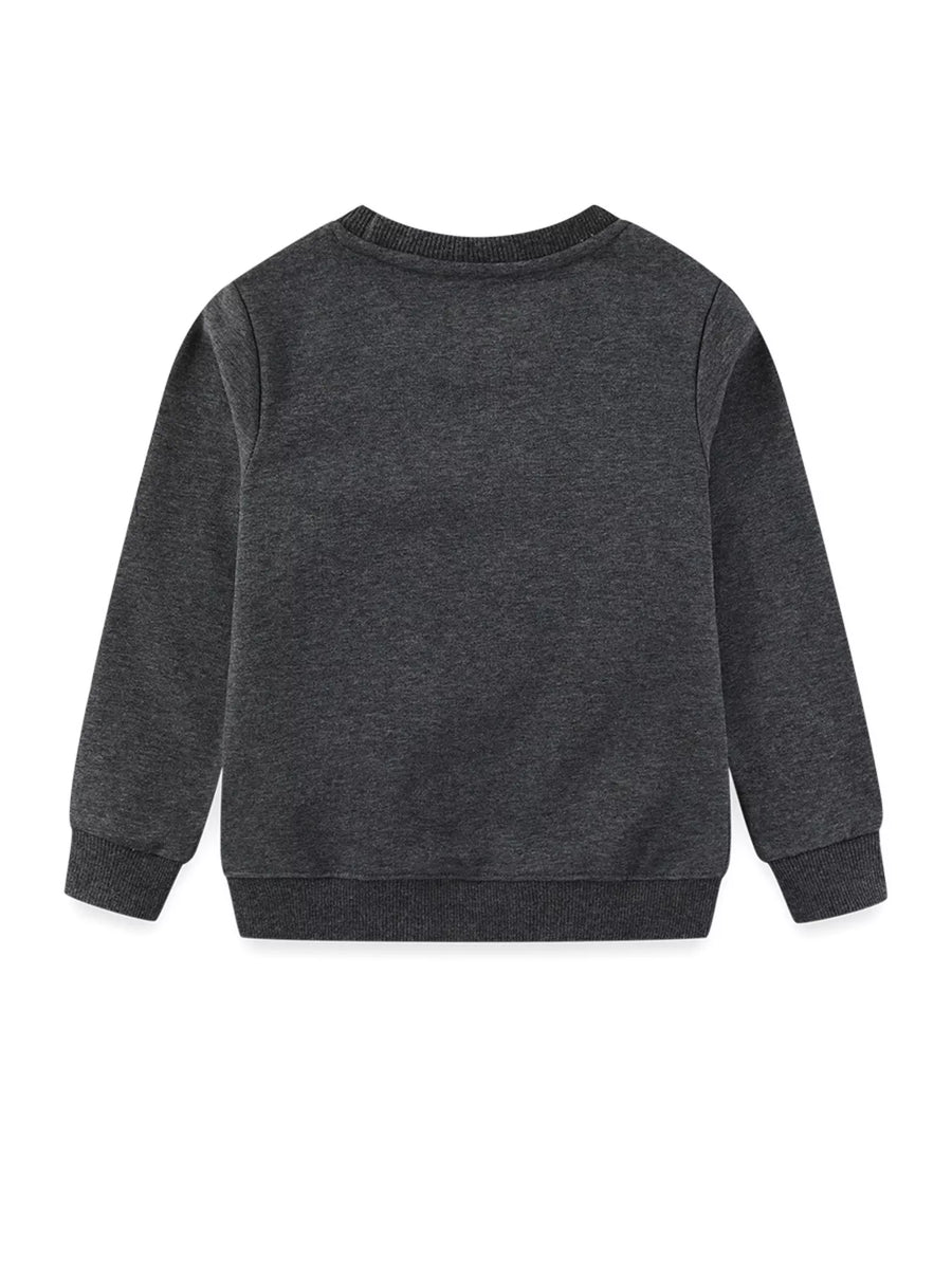 Dark gray crew neck sweatshirt for baby with embroidered rocket detail.
