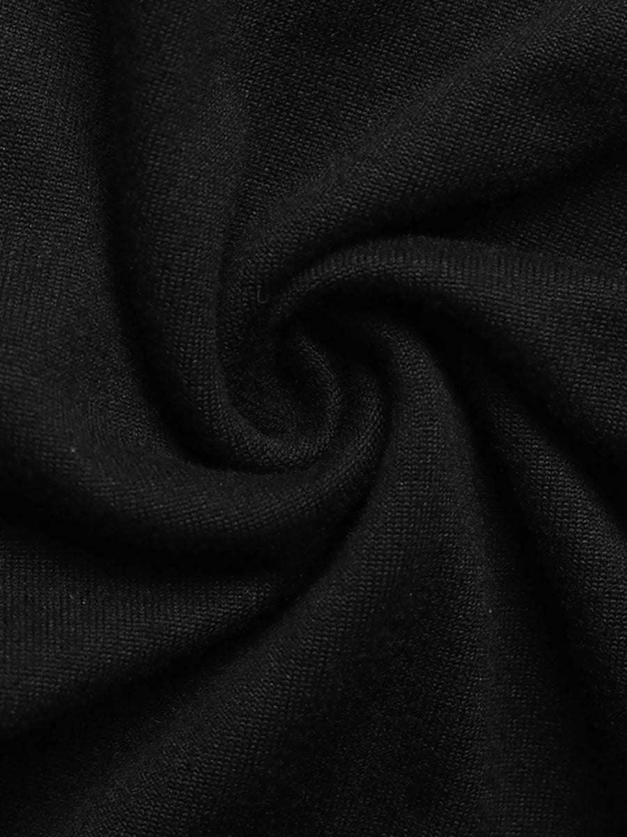 Black ruched long-sleeve dress with a slit detail.