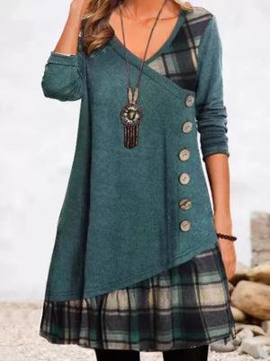 Asymmetrical Plaid Patchwork Long Sleeve Dress in Black