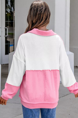 Pink with Color Block Ricrac Trim V Neck Long Sleeve Top