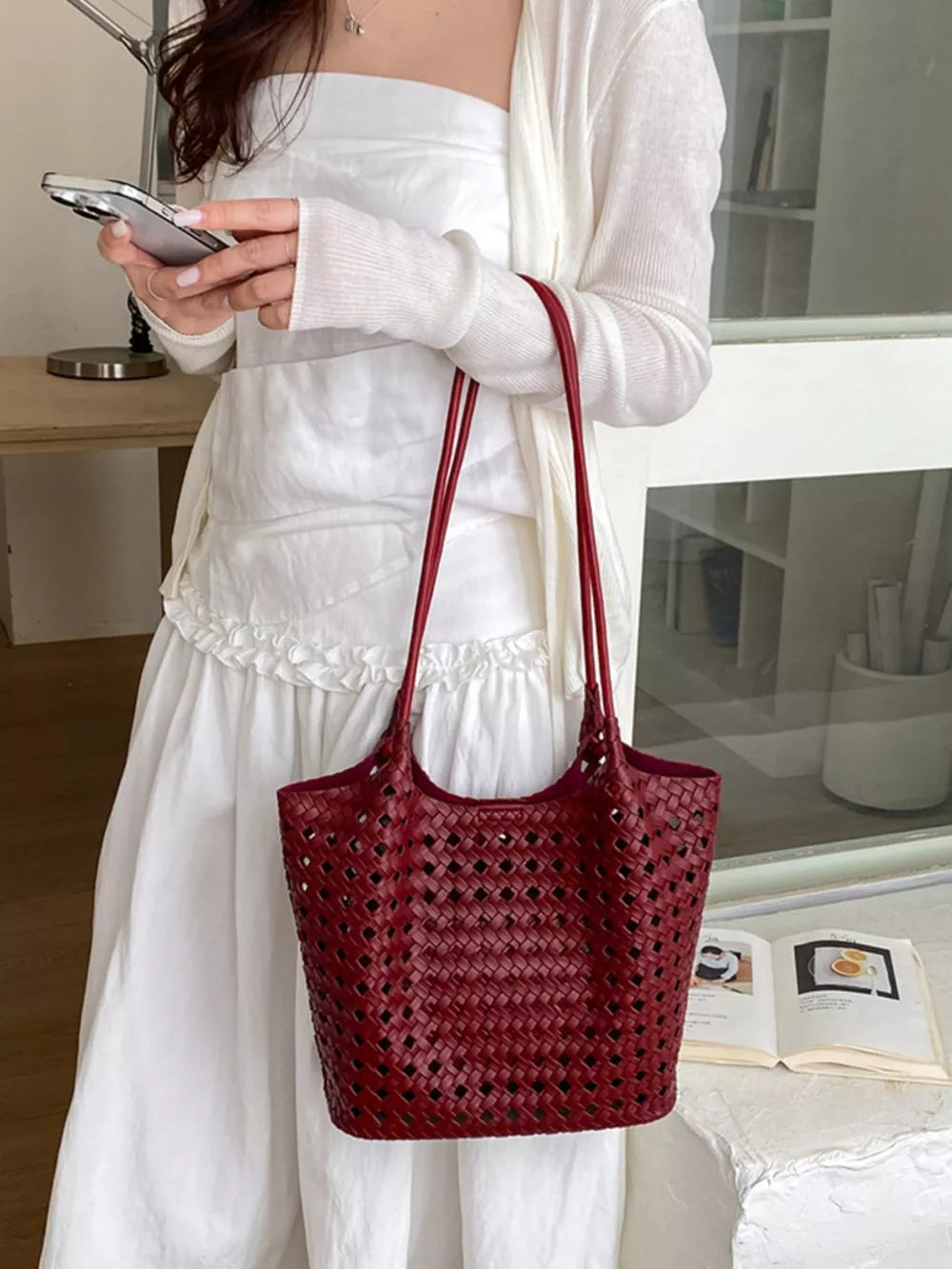 shoulder bag featuring woven in Red with PU Leather Imported Size &amp texture